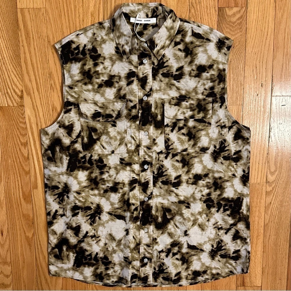 New SAMSOE Oversized Sleeveless Button Down Collared Shirt Camo Clay Sz S